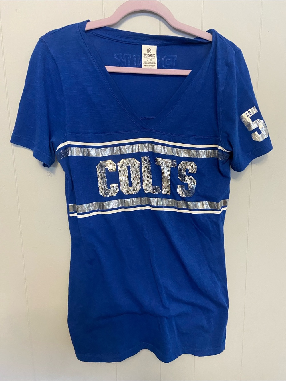Victoria's Secret PINK Royal Blue V-Neck Tee COLTS logo.